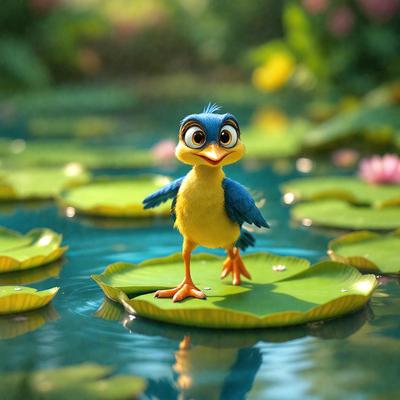 The primary subject of the image is a small, colorful bird standing on a lily pad in a body of water. The bird appears to be looking at the camera, and its vibrant colors and unique design make it stand out in the scene. The setting is a serene, natural environment with water and lily pads, creating a peaceful and calming atmosphere. The visual style of the image is a combination of photo and digital art, giving it a realistic yet artistic appearance. The colors and mood of the image are bright, cheerful, and inviting, with the bird's colors and the water's reflections creating a lively and engaging scene.